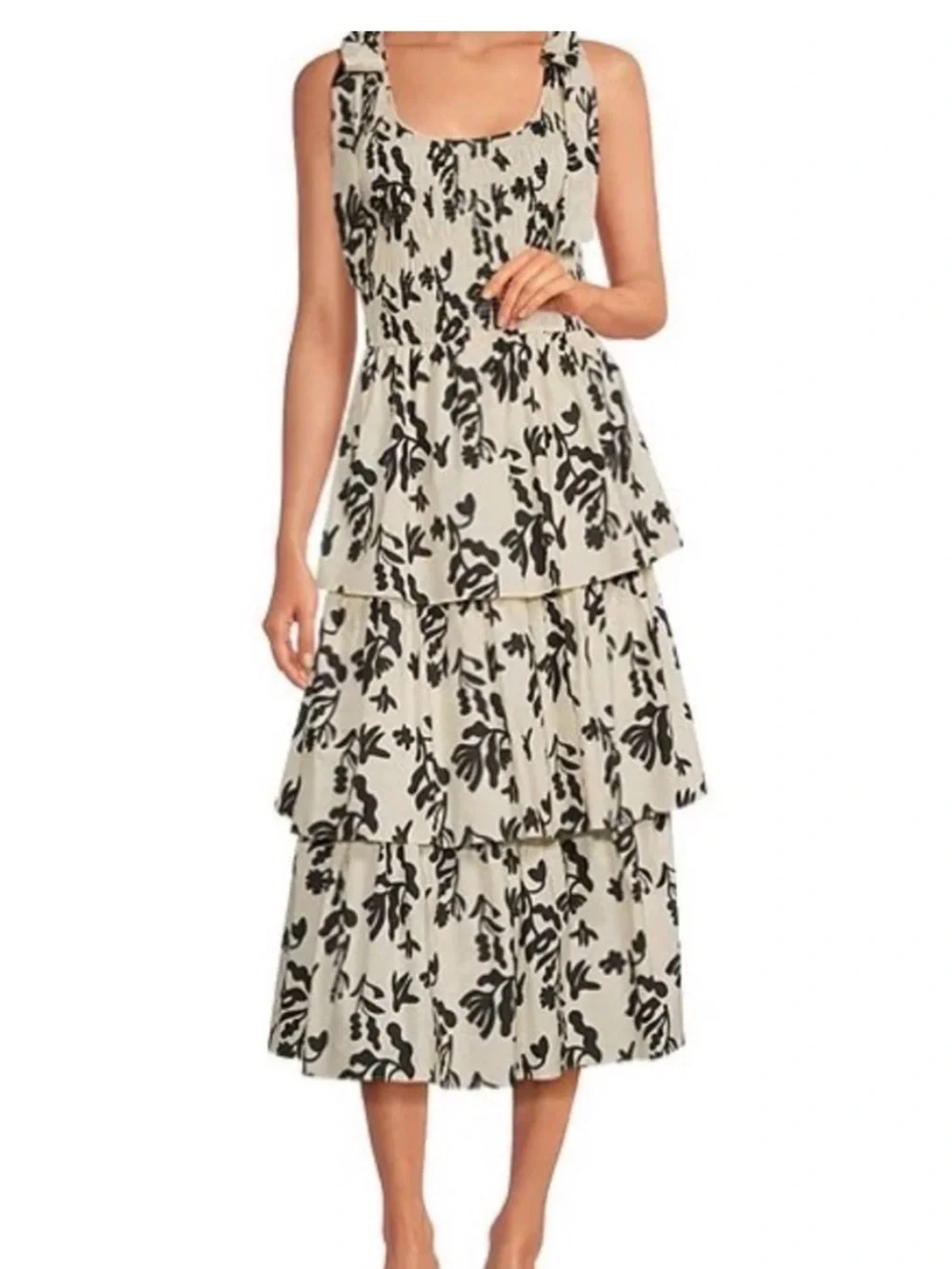Skies Are Blue Womens 1X Cotton Black Cream Floral Smocked Tiered Midi Dress